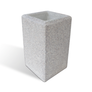 Photo of square concrete litter bin with grey stone finish
